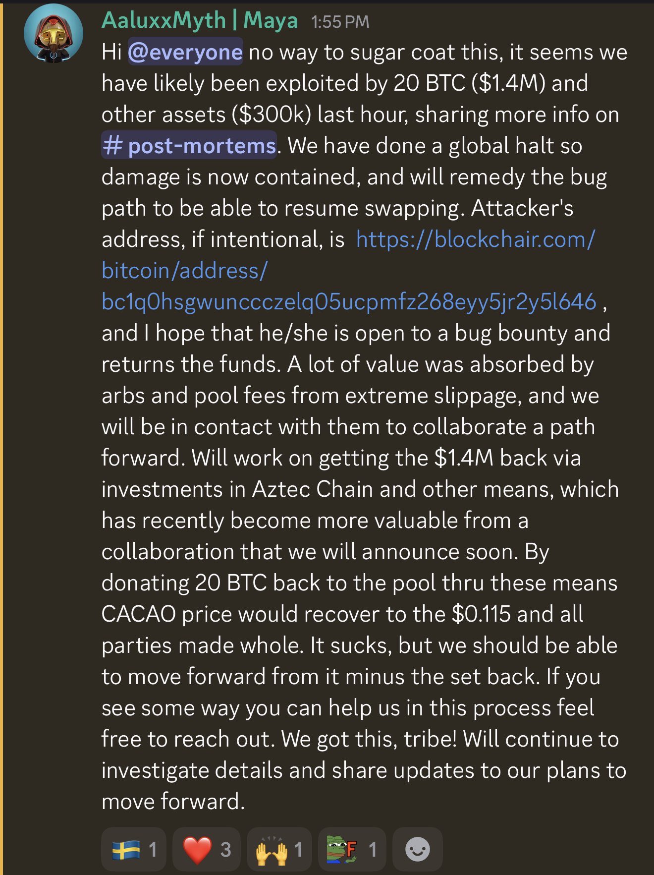 Maya Protocol co-founder Aaluxx statement on the MAYAChain exploit, posted via @AaluxxMyth on X, describing the loss, a global network halt and a bug-bounty appeal to the attacker