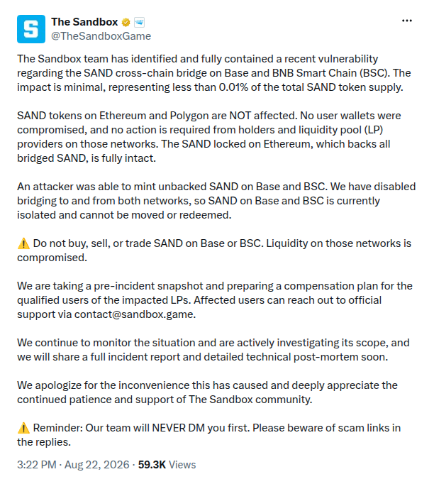 The Sandbox's official statement on the SAND cross-chain bridge exploit, as posted to its verified X account @TheSandboxGame on 22 August 2026.