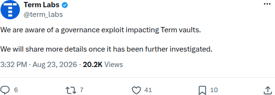 Term Labs' official statement confirming a governance exploit impacting Term vaults, posted to its verified X account @term_labs on 23 August 2026.