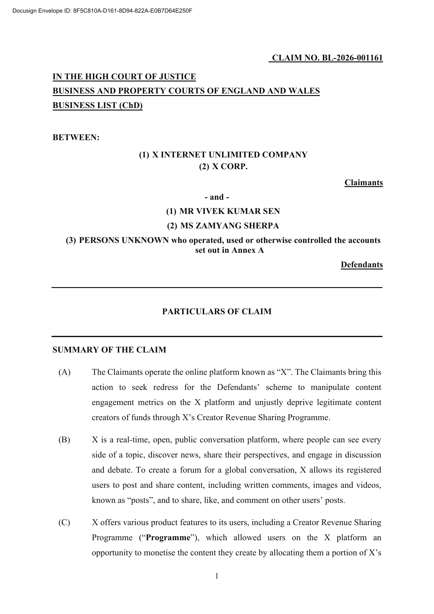 Page one of the Particulars of Claim in X Internet Unlimited Company and X Corp. against Vivek Kumar Sen, Zamyang Sherpa and persons unknown, claim number BL-2026-001161, in the Business and Property Courts of England and Wales.